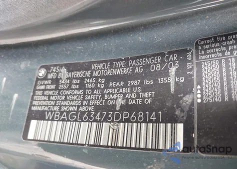 2003 BMW 745I из США, поврежденный, VIN WBAGL63473DP68141